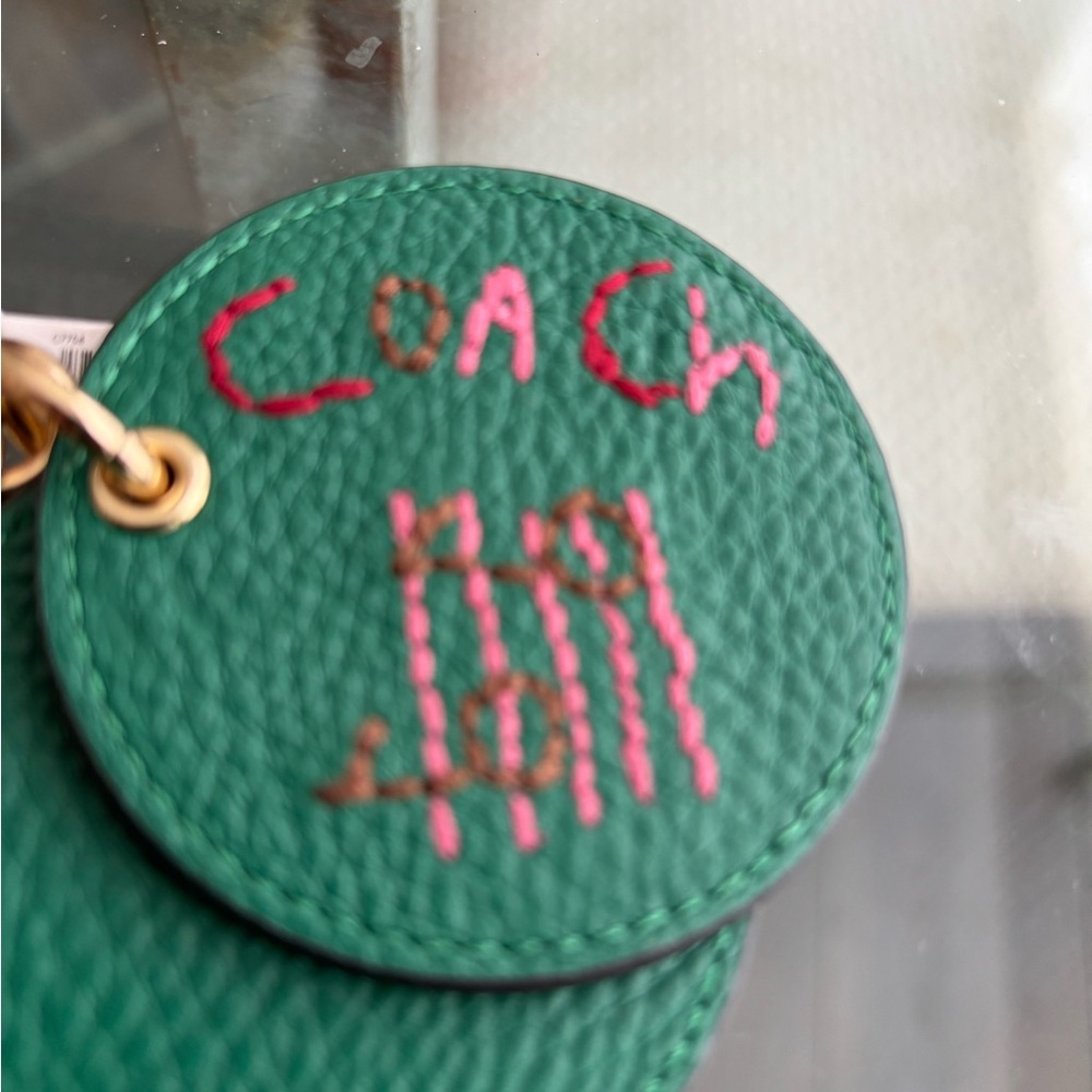 Coach Green and Pink Leather Keychain Mirror NEW with tags